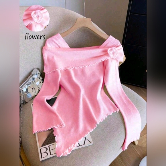 gloweve Sweaters - GlowEve Women's Elegant 3D Floral Asymmetric Hem Long Sleeve